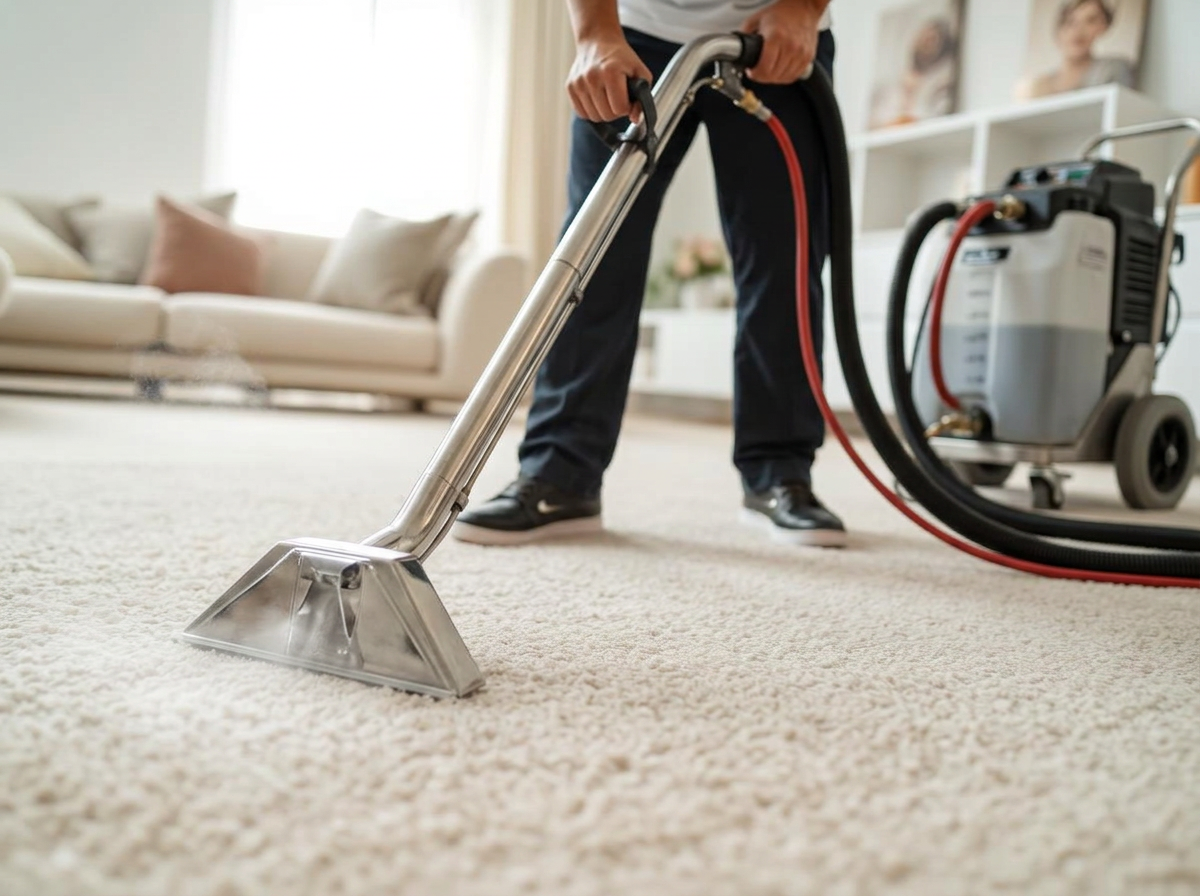 Carpet cleaning service in Langley BC — technician deep cleaning a carpet with a Ninja eSteam 200 extraction wand