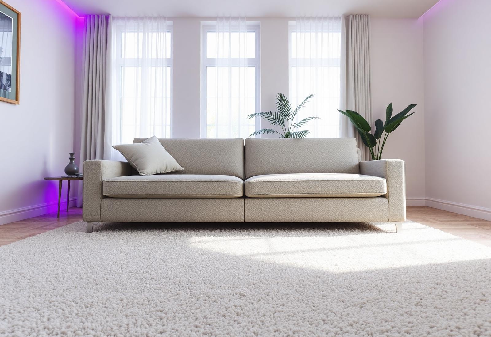 Freshly cleaned carpet and sofa in a bright living room